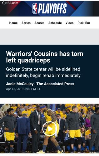 NBA考辛斯左股四头肌撕裂可能缺席剩余季后赛