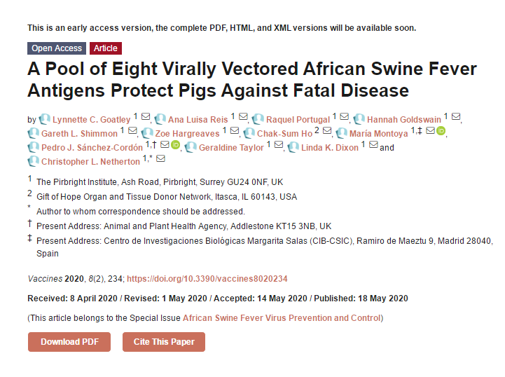 英国：开发出100%保护率的非洲猪瘟载体疫苗