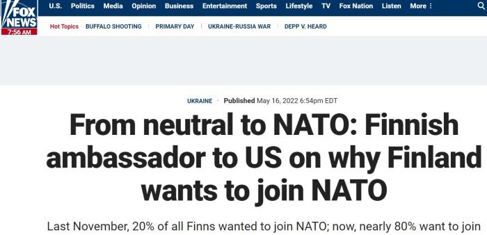 美国福克斯新闻网报道，芬兰驻美大使称，如今近80���民众支持加入北约。图片来源：福克斯新闻报道截图。